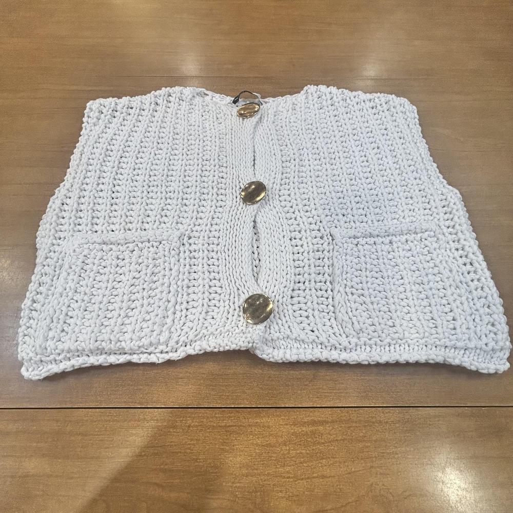 Zara Sweater Vest Womens Small White Open Knit Button‎ Front Pockets Collarless